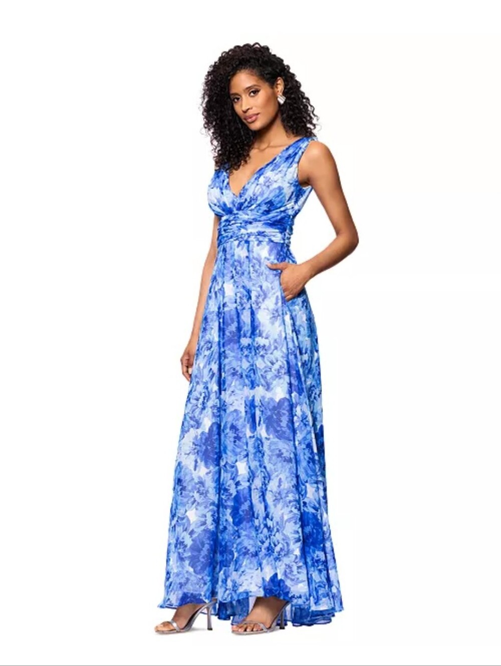 NWT Betsy & Adam Blue Floral Chiffon V Neck Pleated Maxi Gown Dress 6 $259 - Picture 1 of 15